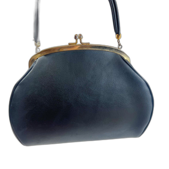 Vintage Black Leather Evening Bag Kisslock Frame Purse - Picture 3 of 7